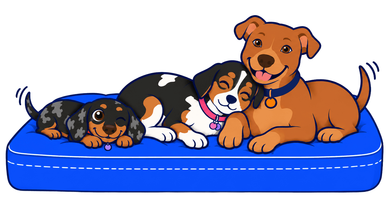 Tres perros de distintos tamaños echados sobre una cama Maswoof azul